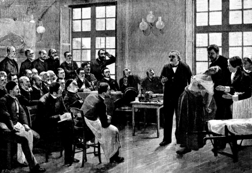 Blanche Wittman in André Brouillet's
        portrait of Dr. Charcot and Dr. Babinski demonstrating hypnosis,
        A Clinical Lecture at the Salpêtiere, 1887 (L'Ecole de
        Medecine, Lyon, France)